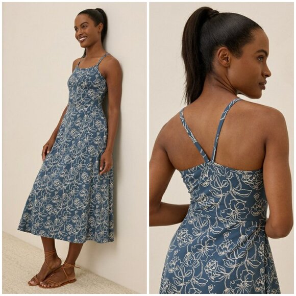 💕PACT💕 Fit & Flare Midi Dress ~ Looking Glass Floral Slate Blue Medium M NWOT - Picture 1 of 6